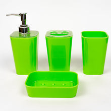 Load image into Gallery viewer, A set of green acrylic bathroom accessories, including a soap dispenser, toothbrush holder, tumbler, and soap dish.
