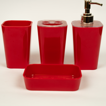 Load image into Gallery viewer, A set of red acrylic bathroom accessories, including a soap dispenser, toothbrush holder, tumbler, and soap dish.