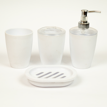 Load image into Gallery viewer, A set of white acrylic bathroom accessories including a soap dispenser, two cups, and a soap dish.