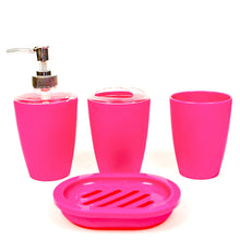 Load image into Gallery viewer, A set of pink acrylic bathroom accessories including a soap dispenser, two cups, and a soap dish.