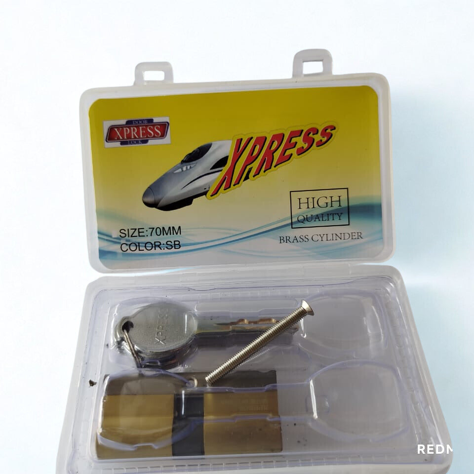 Brass cylinder lock with 'Xpress' branding on packaging