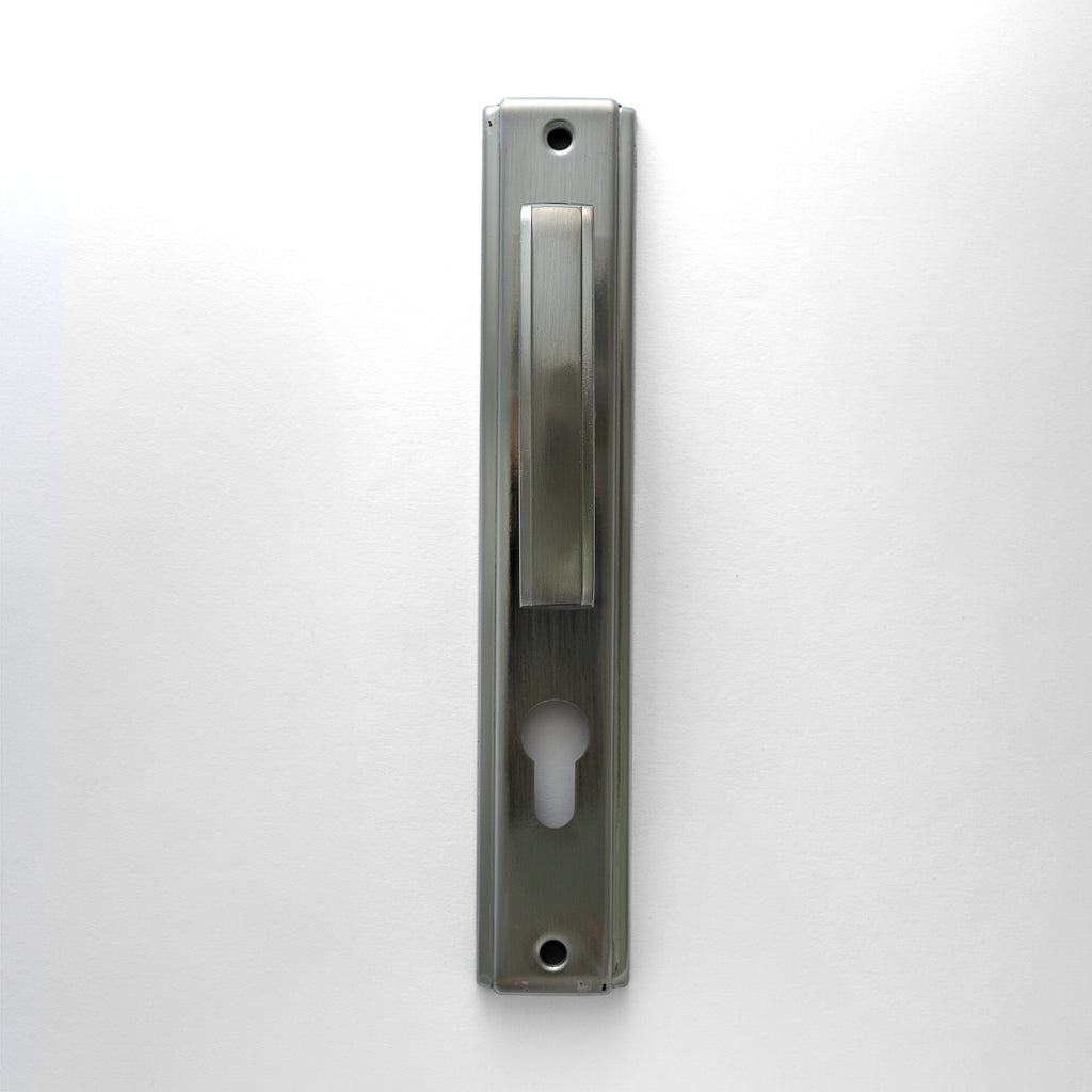 A silver-colored cylindrical door lock, vertical in orientation, with a keyhole visible on the locking side.