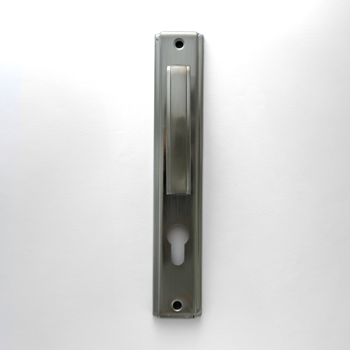 A silver-colored cylindrical door lock, vertical in orientation, with a keyhole visible on the locking side.