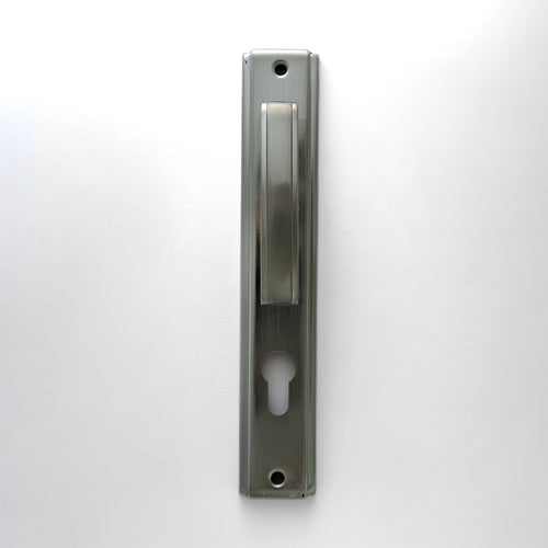 A silver-colored cylindrical door lock, vertical in orientation, with a keyhole visible on the locking side.