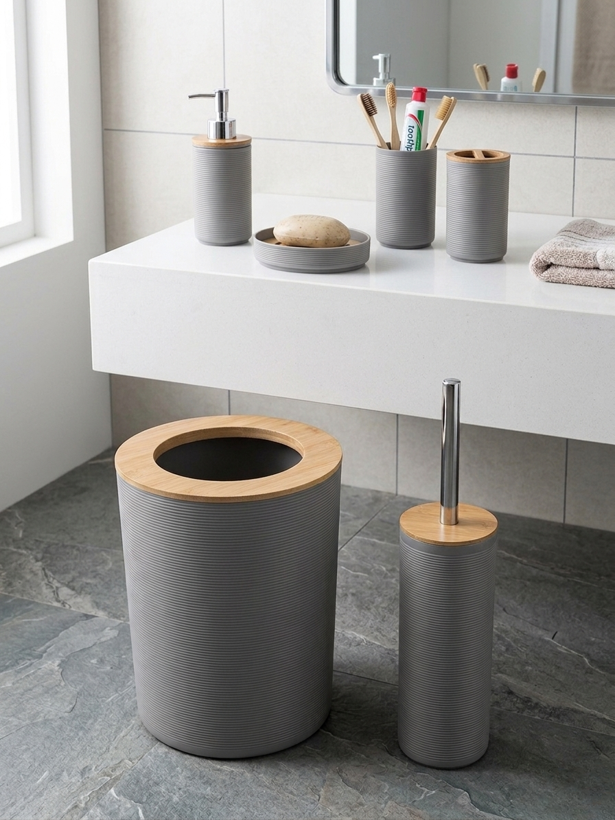 6-Piece Bathroom Accessories Set with Wood Finish 3155