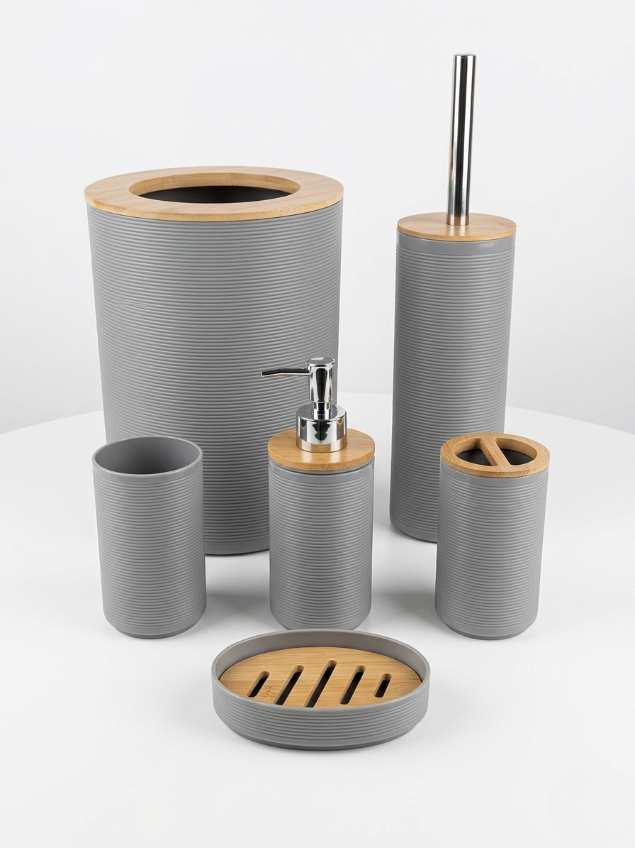 6-Piece Bathroom Accessories Set with Wood Finish 3155