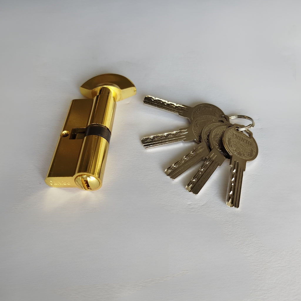 Gold cylindrical lock with keys on a white background