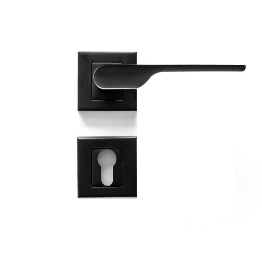 Black door handle with square deadbolt on a white background