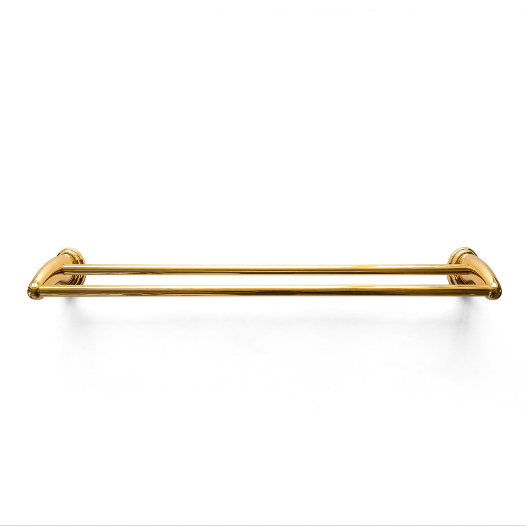 A gold-colored double towel bar against a white background.
