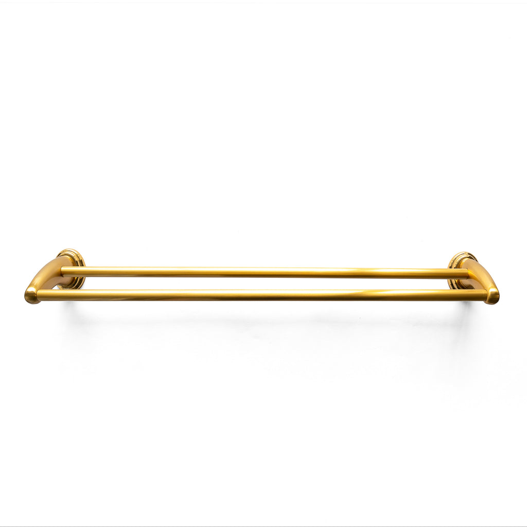 A gold-colored double towel bar against a white background.