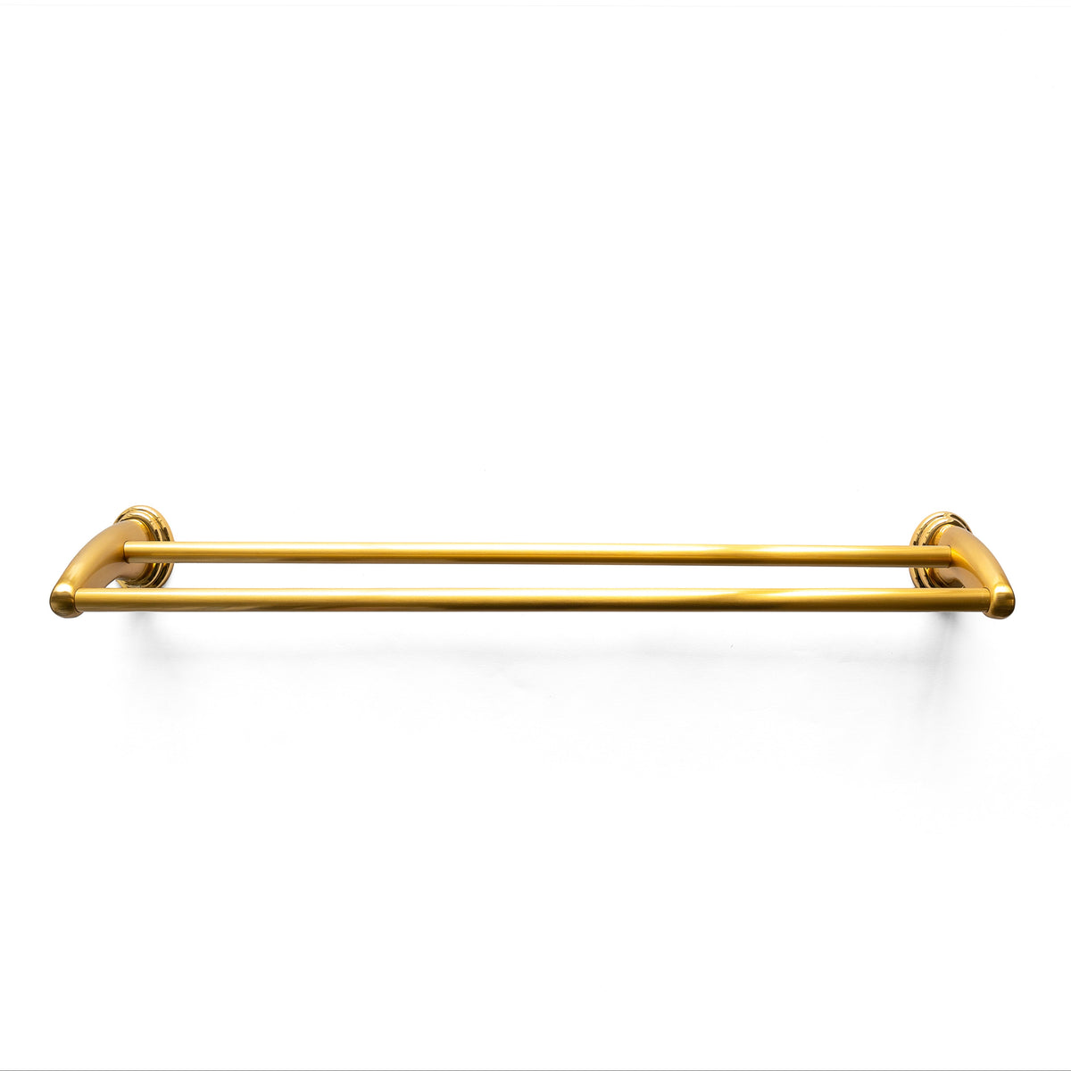 A gold-colored double towel bar against a white background.