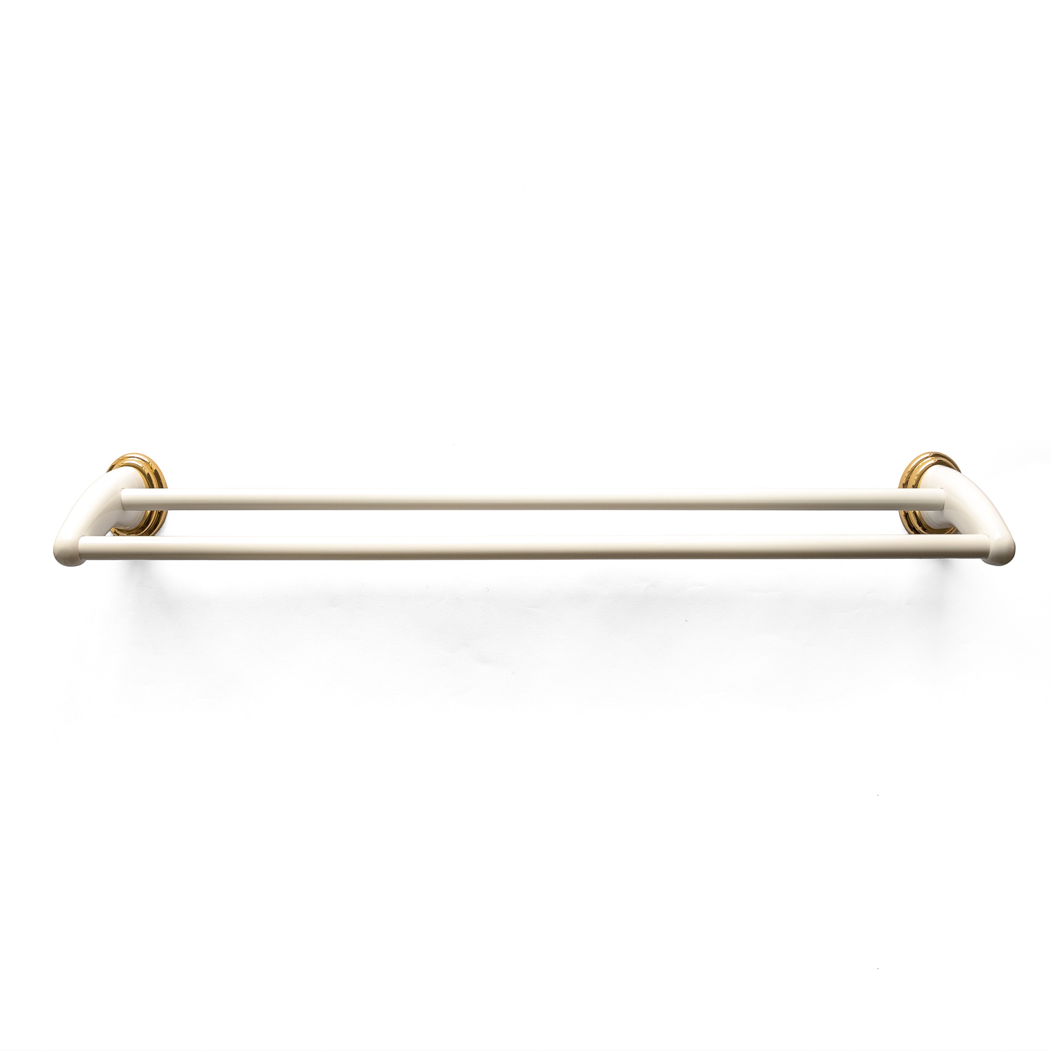 A gold*White-colored double towel bar against a white background.