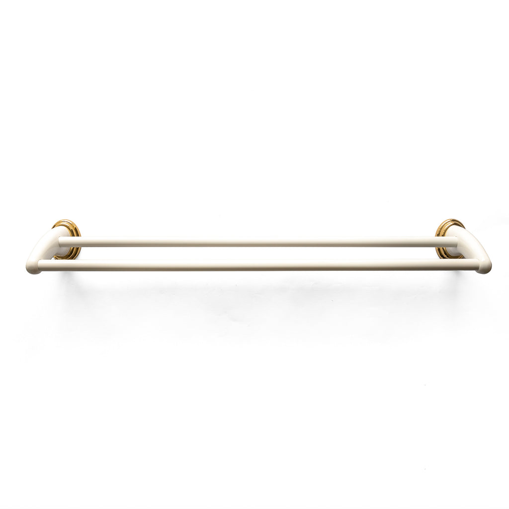 A gold*White-colored double towel bar against a white background.