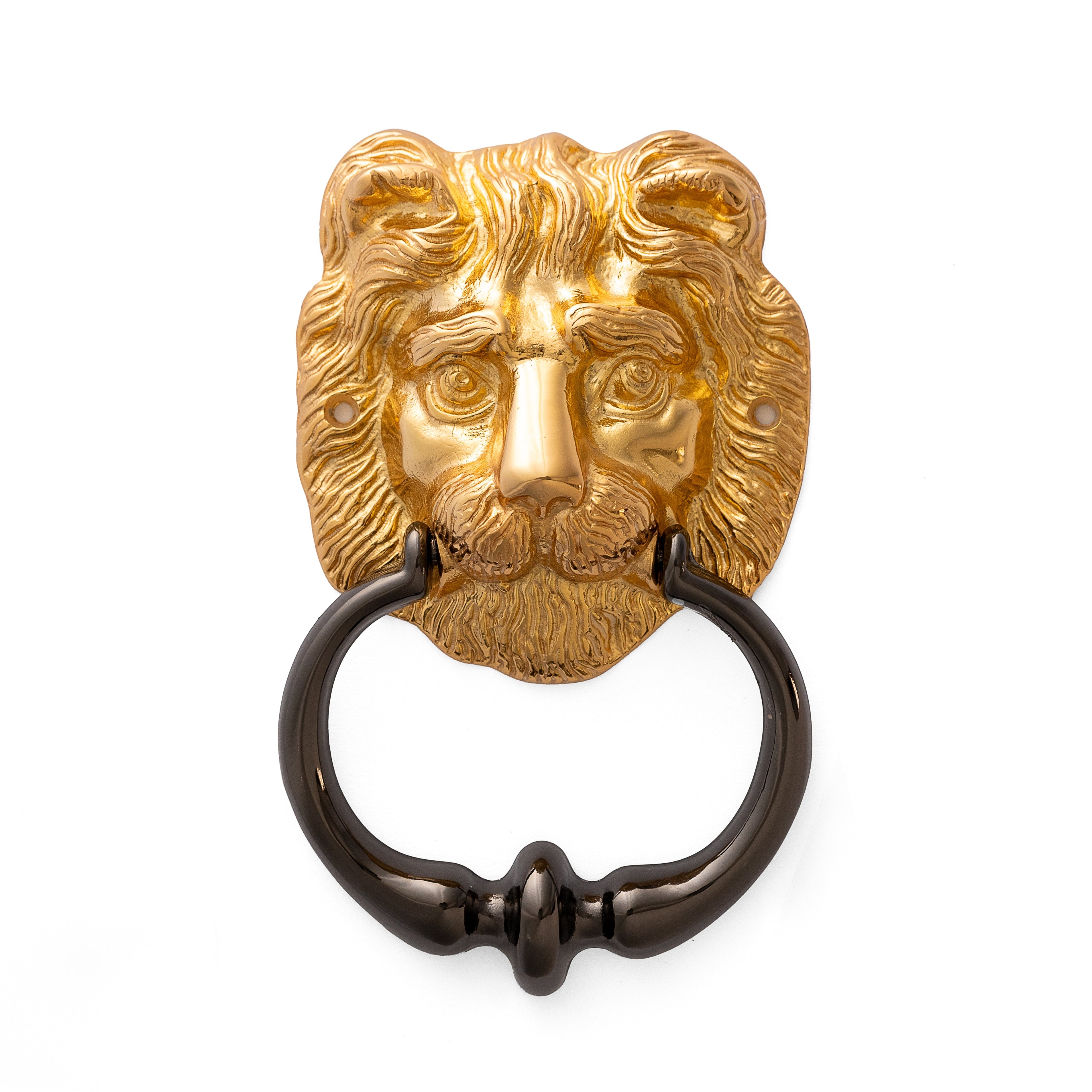 A gold-colored metal door knocker in the shape of a lion's head with a black ring for attaching to a door.