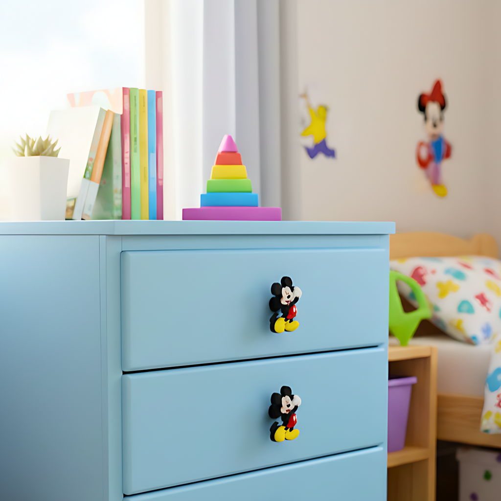 Children's room with a blue dresser featuring Mickey Mouse knobs, colorful toys, and a bed with cartoon-themed bedding.