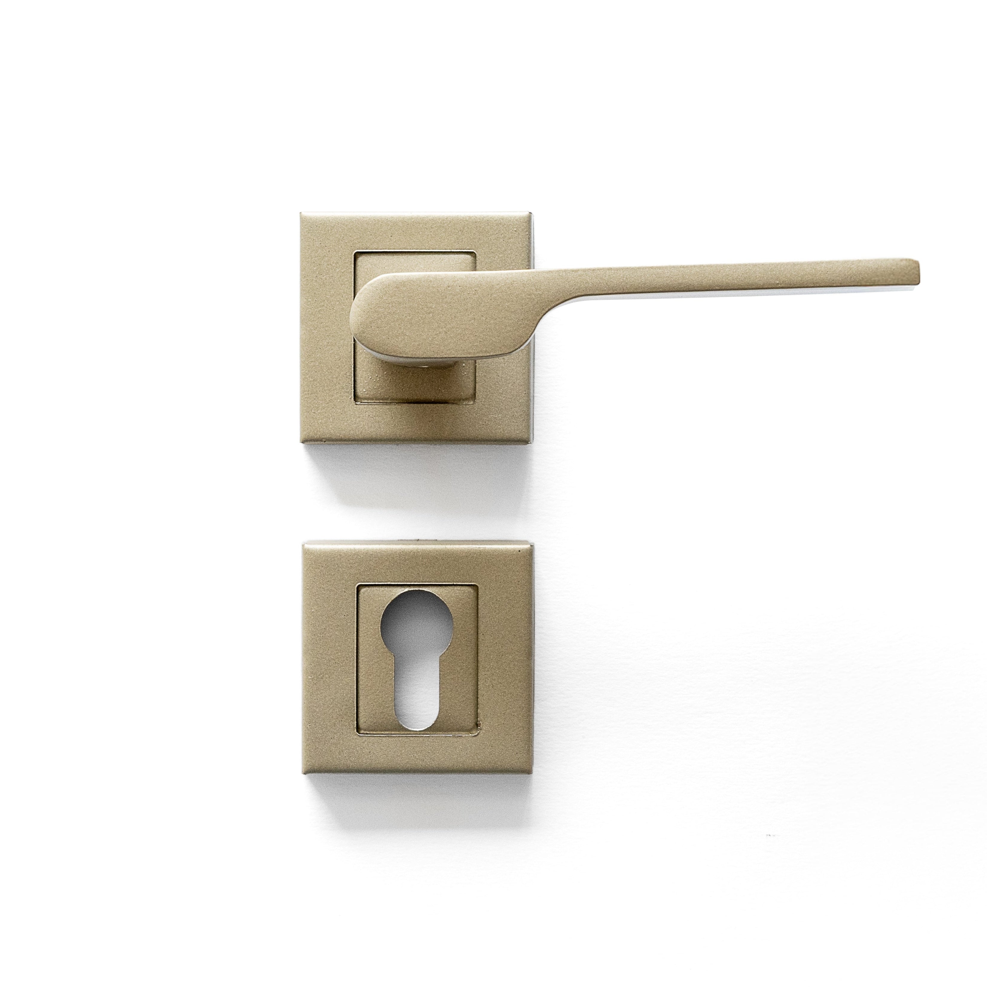 A silver-colored door handle with a square backplate and lever handle.