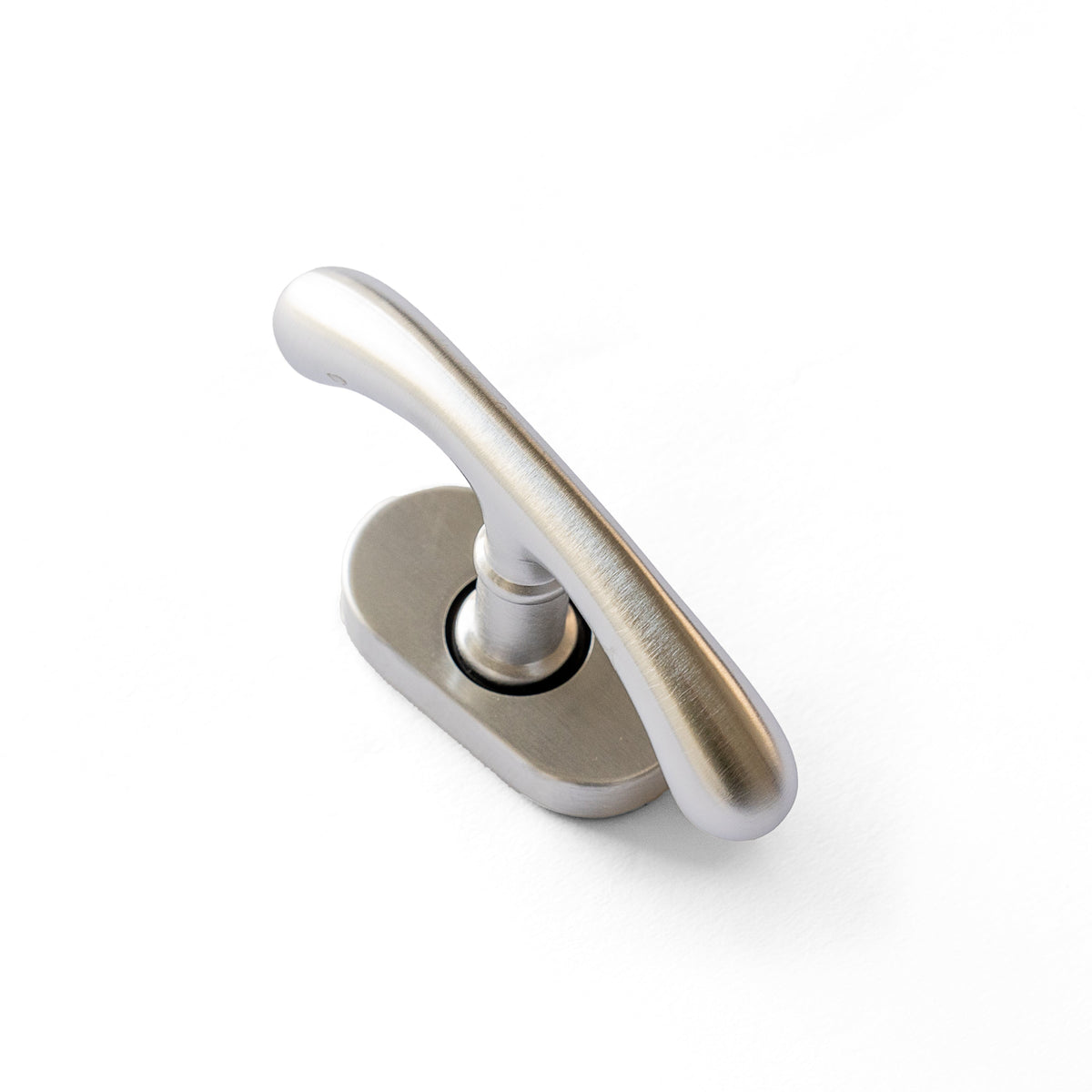 A bronze brass window handle with a cross-shaped turn knob, against a white background