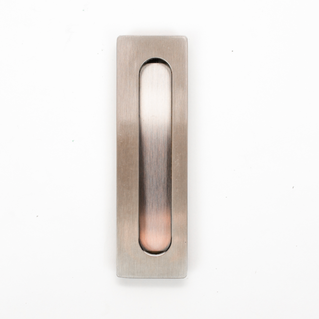 A silver matte cabinet pull with a sleek modern design, isolated on a white background.