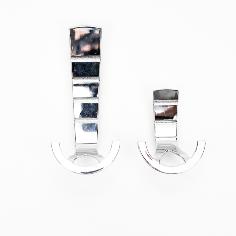 Two silver zinc alloy clothes hooks, one larger and one smaller, positioned vertically on a white background.