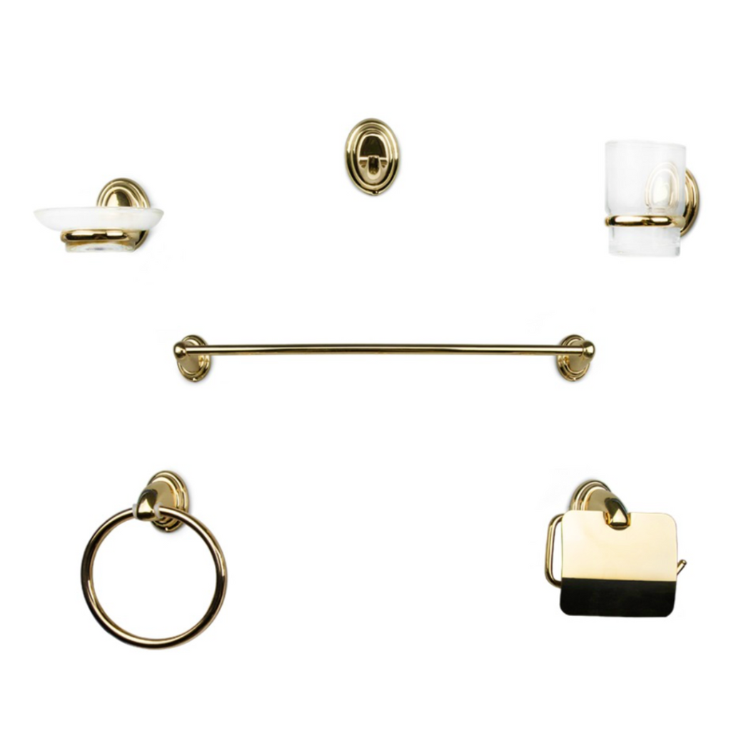 A set of bathroom accessories including a soap dish, towel ring, towel bar, toilet paper holder, and a cup holder, all in gold finish.