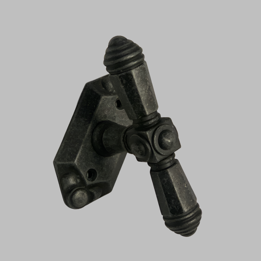 A black window handle against a light background, showcasing its solid zinc alloy construction with a classic design.