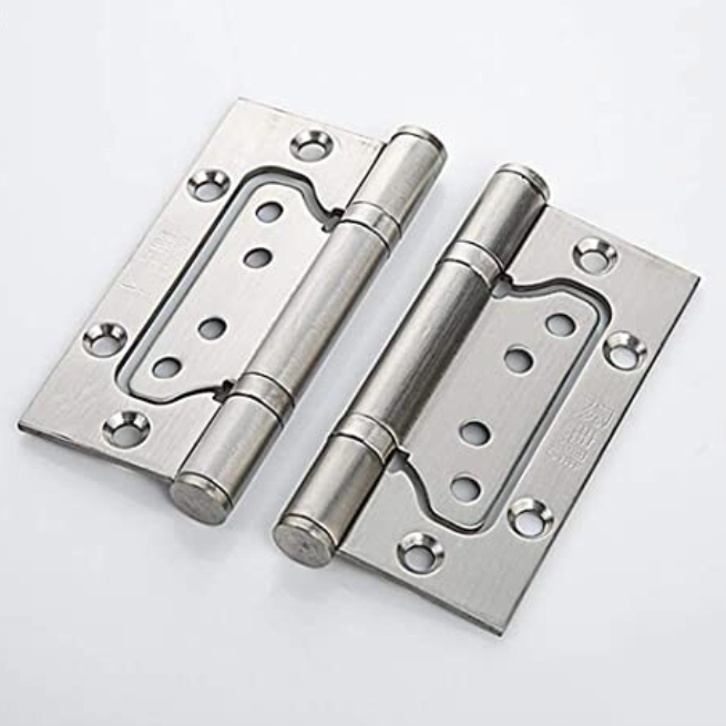 A pair of silver butterfly hinges with multiple screw holes, displayed against a white background.
