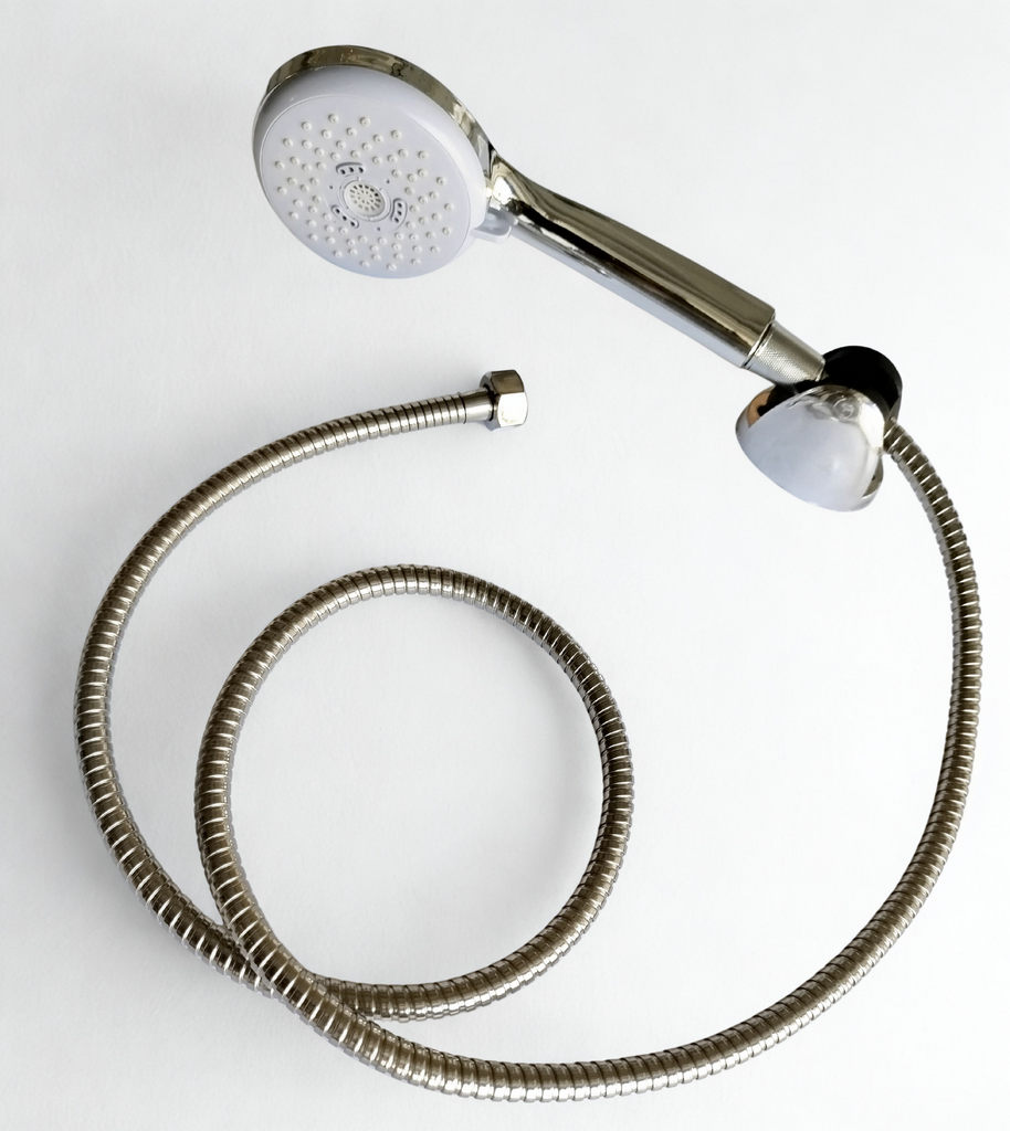 Handheld shower head with flexible hose on a white background