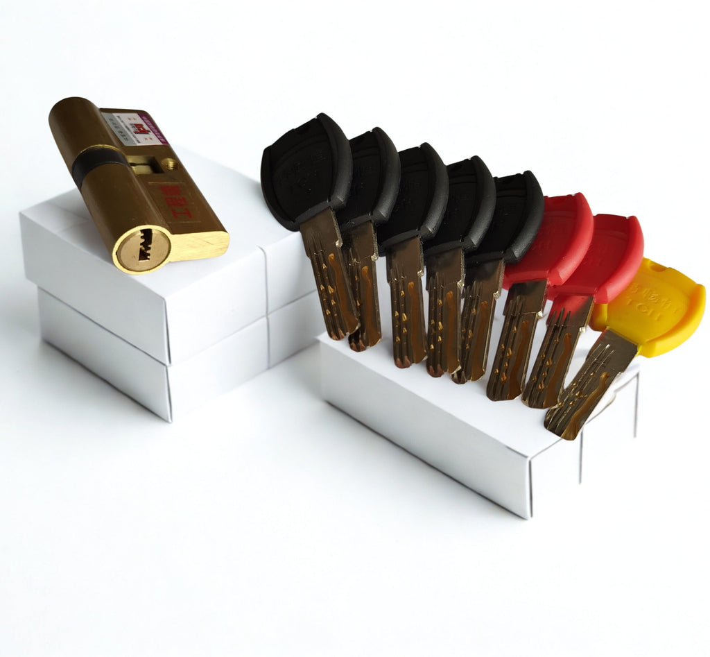 Lock cylinder with Eight keys in different colors on a white background