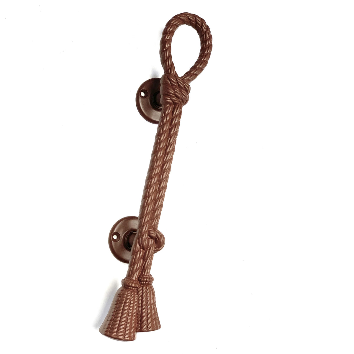 A large brown door pull with a rope-like handle and a tassel-like end.
