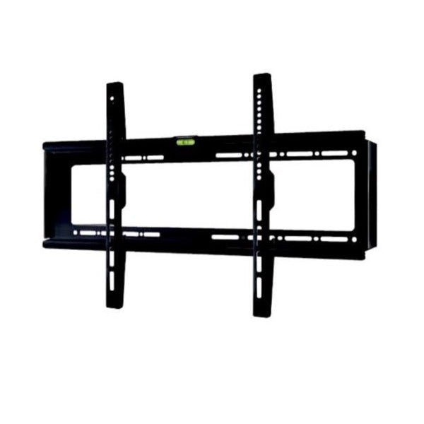 A black TV mount designed for a 63 inch television, showing a front-on view with multiple holes and a level bubble.